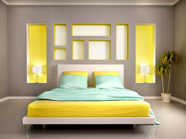 تصویر سه بعدی از فضای داخلی اتاق خواب مدرن با تخت زرد