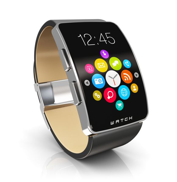 تحرک تجاری و مفهوم فناوری دستگاه های پوشیدنی موبایل مدرن ساعت هوشمند دیجیتال یا ساعت با رابط صفحه نمایش رنگی با نمادهای برنامه رنگارنگ و دکمه های برنامه جدا شده روی سفید