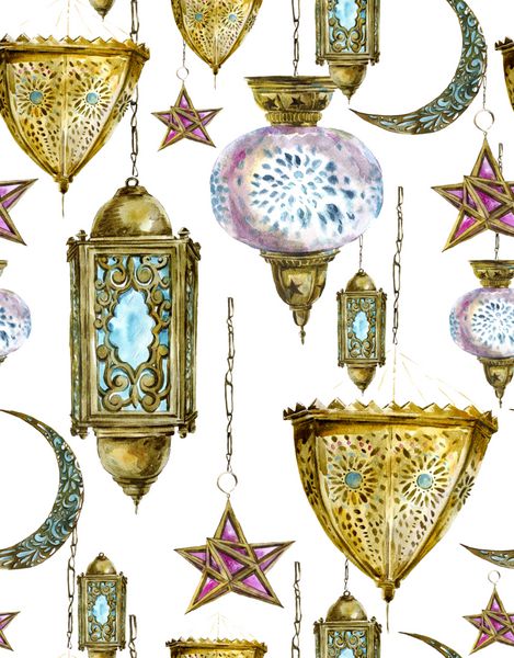 پس‌زمینه بدون درز آبرنگ سنتی با فانوس عربی ستارگان و ماه تصویر آبرنگ دستی رمضان کریم