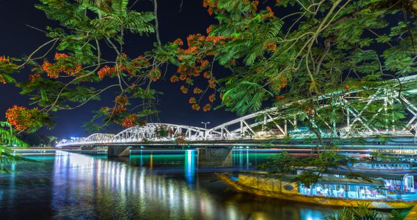 پل ترنگ تین که در شب روشن می شود در زیر آب در کنار رنگ های درخشان ساقه های گلدار پر زرق و برق در هوای تابستان زیر قایق خروج از اسکله حامل مسافران بازتاب می شود