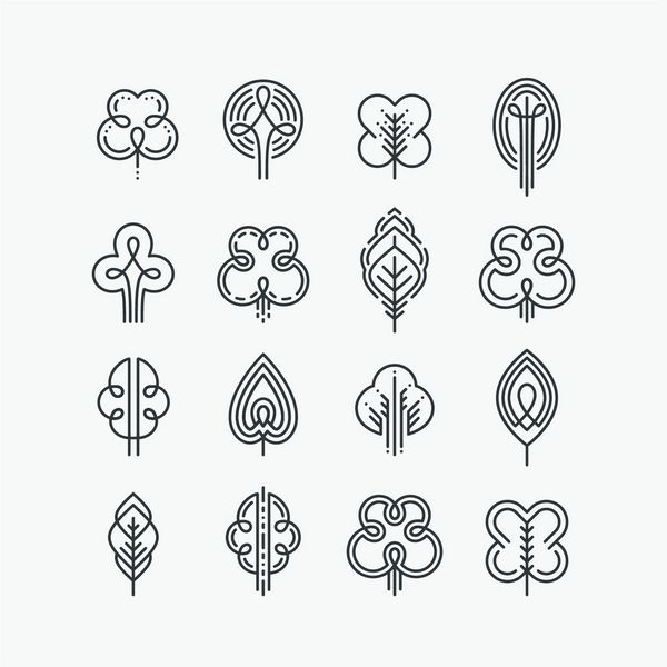 مجموعه ای از درختان و برگ های خط گرافیکی مجموعه طراحی از علائم طبیعت آرم ها و نمادها