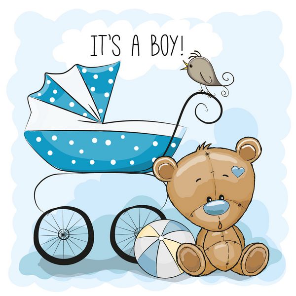 کارت تبریک یک پسر با کالسکه بچه و خرس عروسکی