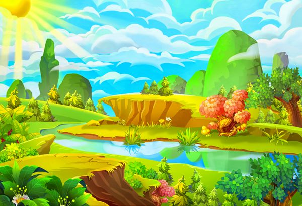 تصویر خورشید و رودخانه سبک کارتونی موضوع طبیعت طراحی پس زمینه تصویر زمینه صحنه