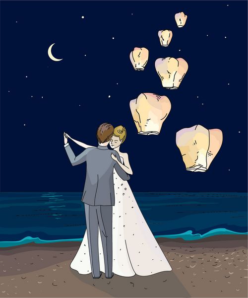 زوج تازه ازدواج کرده در حال رقص در فضایی رمانتیک در ساحل