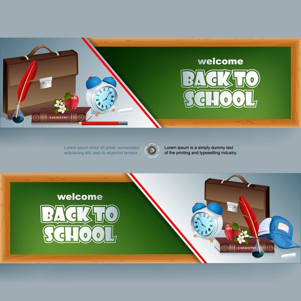 گرافیک انتزاعی طراحی بنر وب هدر مجموعه بنرهای شیمی کتاب مدرسه کیف مدرسه پر در بطری جوهر گچ مداد ساعت زنگ دار سیب و گل