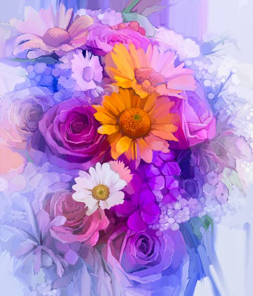 نقاشی رنگ روغن - طبیعت بی جان گل زرد قرمز و صورتی دسته گل رنگارنگ گل رز دیزی و ژربرا رنگ دستی به سبک امپرسیونیستی گل