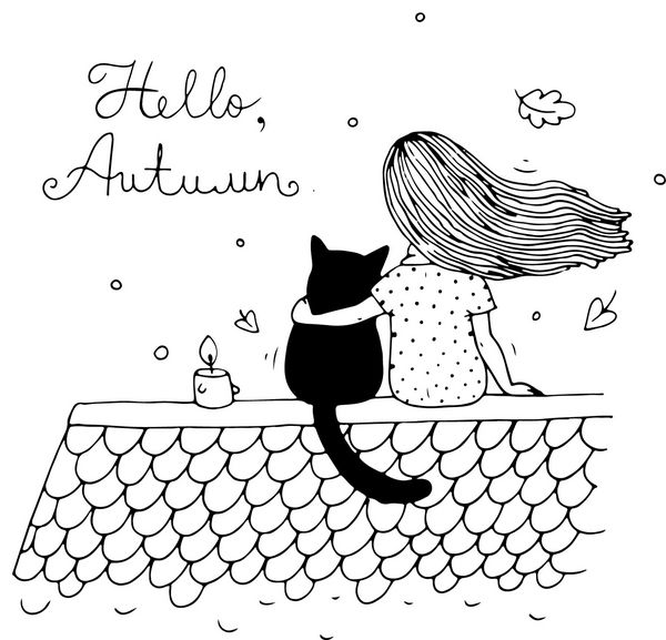 دختر و گربه ای روی پشت بام در شب در زمینه سفید کتاب رنگ آمیزی بردار کشیده شده با دست برگ ها و ستاره های پاییزی سلام پاییز