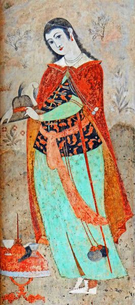 نقاشی رنگی باستانی سنتی ایرانی نقاشی دیواری بانوی ایرانی باستانی در رفیق قدیمی علی قاپو در اصفهان ایران روی بوم بافت
