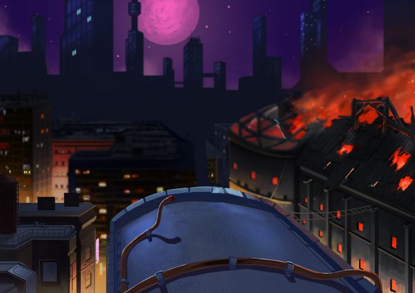 تصویر شب شهر یک ساختمان در آتش است داستان با طراحی پس زمینه صحنه صحنه کارتونی فوق العاده