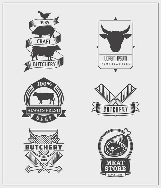 مجموعه ای از برچسب ها آرم ها و نشان های گوشت گاو قدیمی عناصر طراحی برداری
