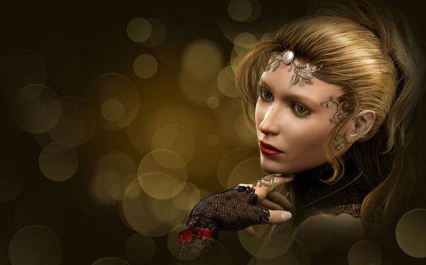 گرافیک کامپیوتری سه بعدی پرتره یک خانم با جواهرات طلا و آرایش شب
