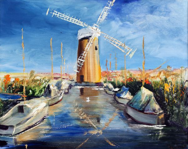 کانال آسیاب با قایق چشم انداز هلندی نقاشی هنر تصویری
