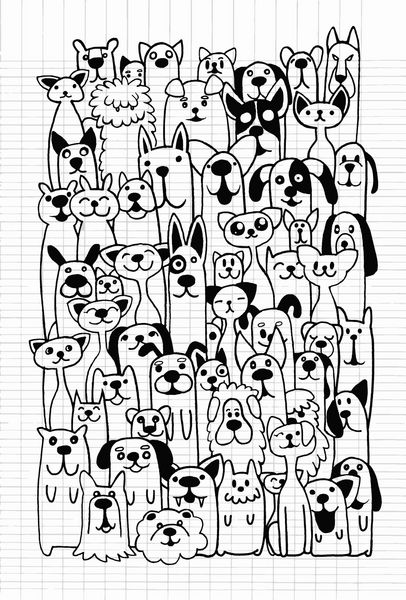 مجموعه سگ‌ها و گربه‌های خنده‌دار ابله طراحی شده با دست عناصر طراحی وکتور بر روی پس‌زمینه کاغذ طرح‌دار خط‌دار