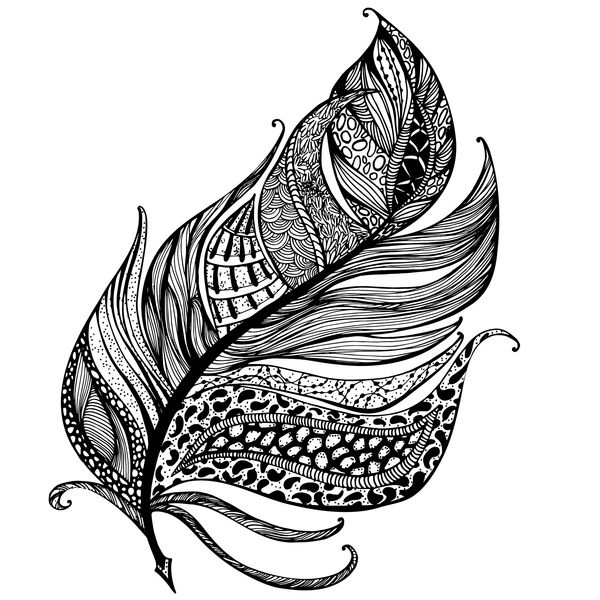 خط نقاشی دستی از تک پر با زیور آلات به سبک زنتاگل تصاویر وکتور منحصر به فرد رنگ های سیاه و سفید