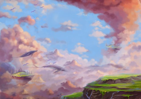 تصویر سرزمین عجایب فوق العاده با زمین های در حال پرواز و نهنگ ها طراحی صحنه پس زمینه تصویر زمینه فوق العاده به سبک کارتونی با داستان