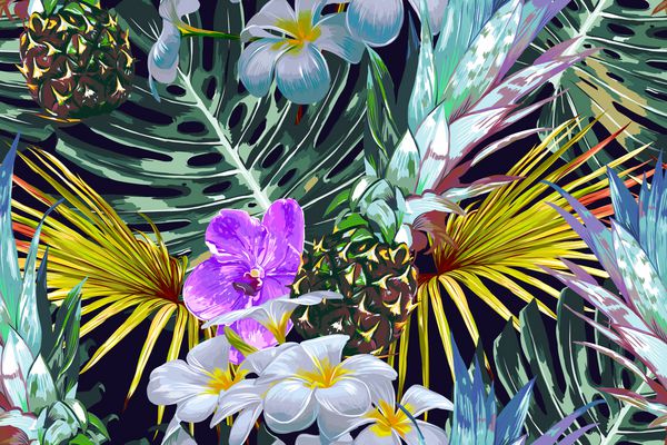 گل های استوایی برگ و گیاهان نخل آناناس ارکیده جنگل بهشت وکتور بدون درز پس زمینه الگوی گل چاپ عجیب و غریب