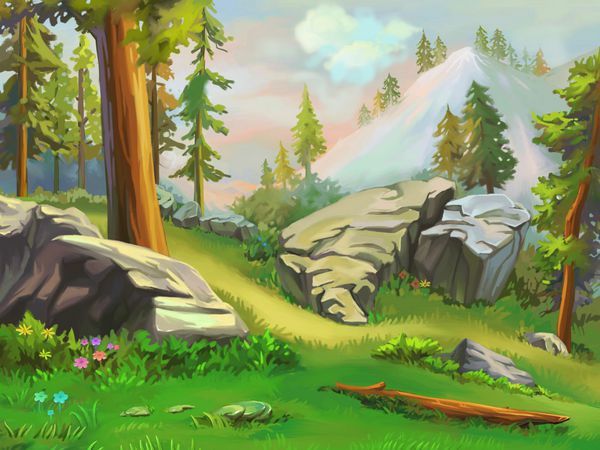 تصویر استراحت کوتاهی در جنگل های کوهستانی داشته باشید طراحی صحنه پس زمینه تصویر زمینه فوق العاده به سبک کارتونی
