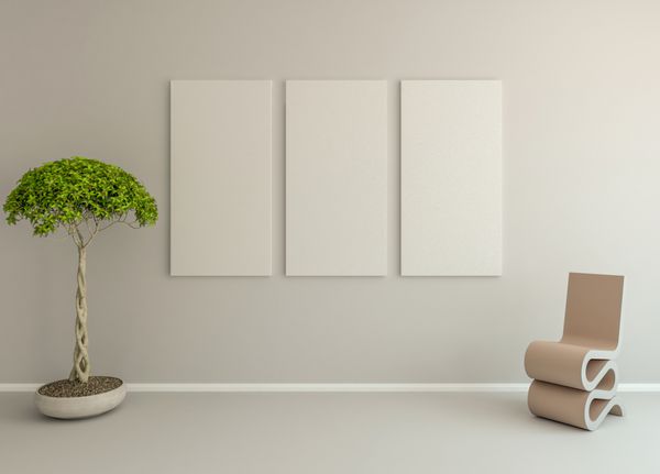 بوم خالی روی دیوار سفید با یک گیاه در سمت چپ و صندلی در سمت راست