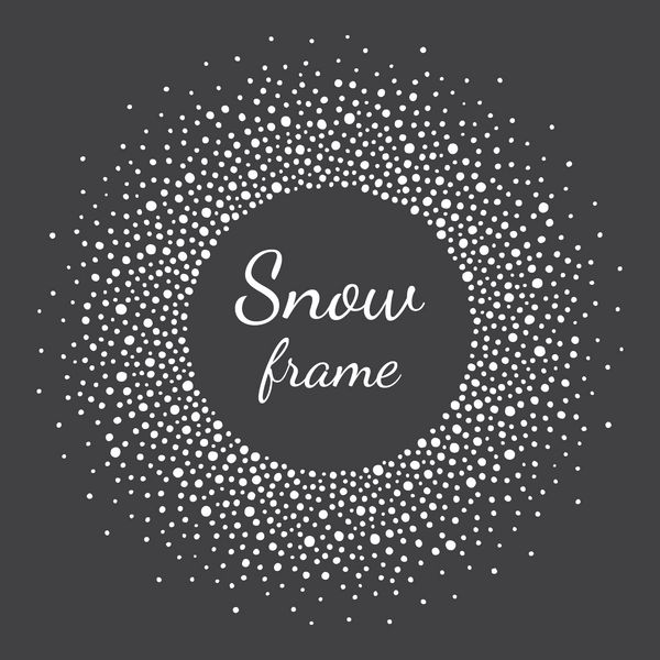 قاب برفی گرد با sp خالی برای متن شما قاب زمستانی ساخته شده از لکه ها یا نقاط با اندازه های مختلف شکل دایره سال نو پس زمینه انتزاعی سیاه و سفید کریسمس
