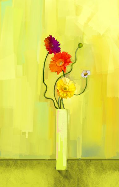 نقاشی انتزاعی رنگ روغن گل بهاری طبیعت بی جان ژربرای زرد صورتی و قرمز دسته گل در گلدان با زمینه رنگ زرد مایل به سبز روشن به سبک امپرسیونیستی مدرن نقاشی شده با گل