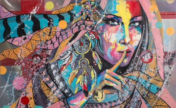 نقاشی رنگ روغن اصلی سبک معاصر ساخته شده بر روی بوم کشیده با چاقوی پالت و قلم مو پرتره دختری با لباس مجلسی با طلسم افسانه نگهبان رویا
