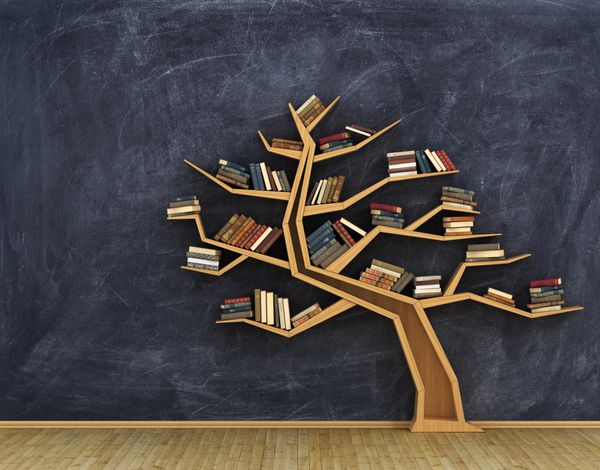 مفهوم علم قفسه کتاب پر از کتاب به شکل درخت روی تخته سفید