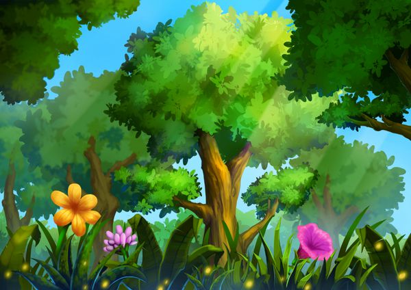 تصویر جنگل سبز با چمن عمیق و گلهای جادویی صحنه کارتونی واقع گرایانه کاغذ دیواری طراحی پس زمینه