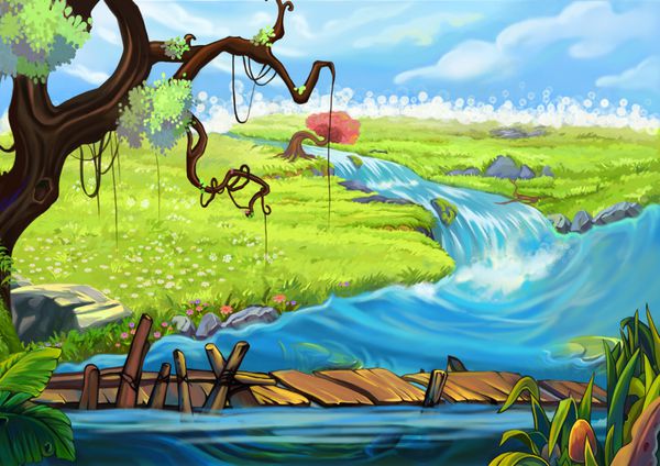 تصویر کنار رودخانه درخت مزارع گلدار و پل صحنه کارتونی واقع گرایانه کاغذ دیواری طراحی پس زمینه