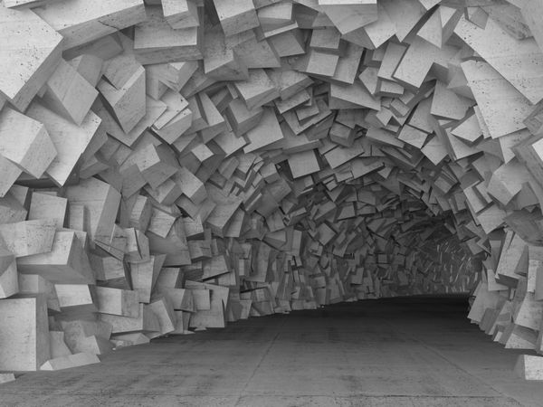 چرخش داخلی تونل بتنی با دیوارهای ساخته شده از بلوک های آشفته تصویر سه بعدی
