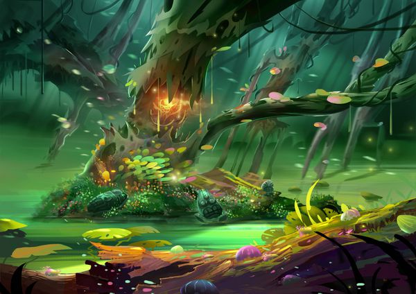 تصویر درخت جادویی در جنگل باشکوه و اسرار آمیز و ترسناک صحنه کارتونی واقع گرایانه کاغذ دیواری طراحی پس زمینه