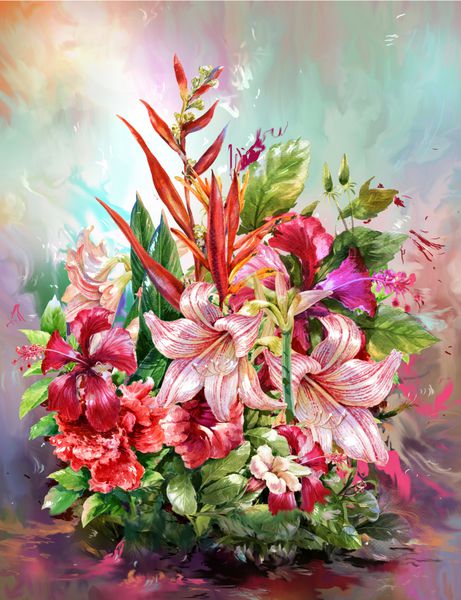 دسته گل های رنگارنگ سبک نقاشی آبرنگ نقاشی دیجیتال