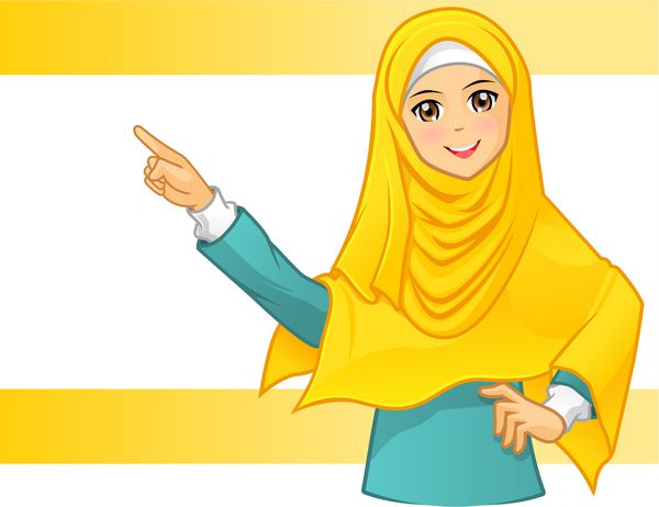 زن مسلمان با قیافه بالا با چادر زرد با تصویر وکتور بازوهای اشاره‌دار