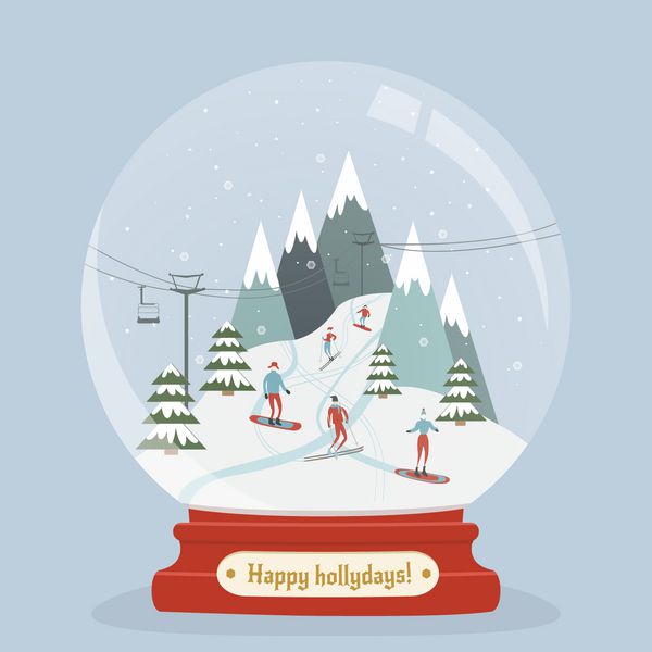 توپ شیشه ای افسانه ای با چشم انداز پیست اسکی و مردم ورزش های زمستانی را سرگرم می کنند اسنوبرد سواران و اسکی بازان در کوه در داخل کره برفی کارت تبریک تعطیلات مبارک