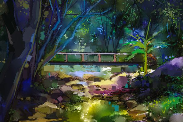 منظره نقاشی رنگ روغن با پل چوبی بر روی نهر در جنگل جنگل طبیعت رنگارنگ تابستانی با رنگ های زرد و سبز-آبی نقاشی شده با دست