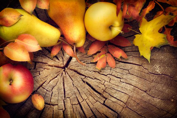 پس زمینه قاب شکرگزاری پس‌زمینه پاییزی با برگ‌های رنگارنگ سیب و گلابی میوه‌های زیبای پاییزی و برگ‌های رنگارنگ روی میز چوبی