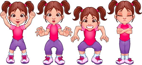 چهار حالت از یک دختر در عبارات مختلف وکتور شخصیت های جدا شده کارتونی