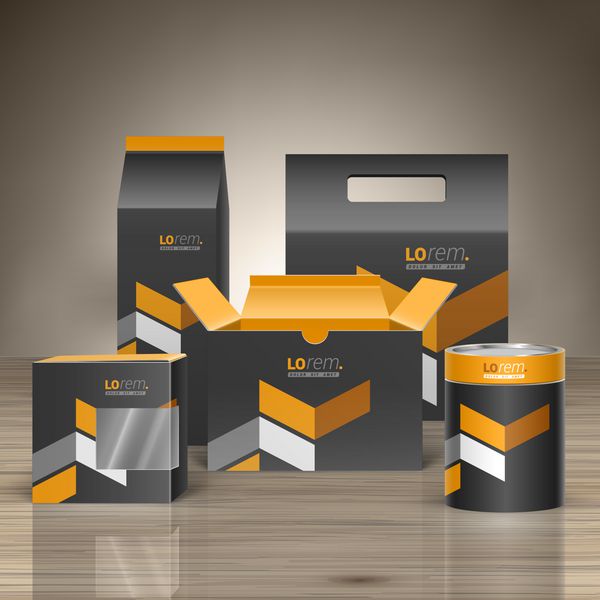 طراحی بسته تبلیغاتی مشکی کلاسیک برای هویت سازمانی با عناصر هندسی زرد مجموعه لوازم التحریر