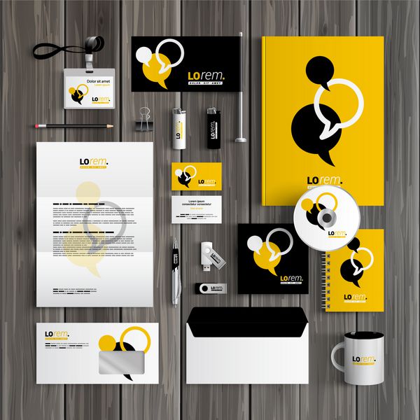 طراحی قالب هویت شرکتی سیاه و زرد با ابرهای گفتگو لوازم التحریر تجاری