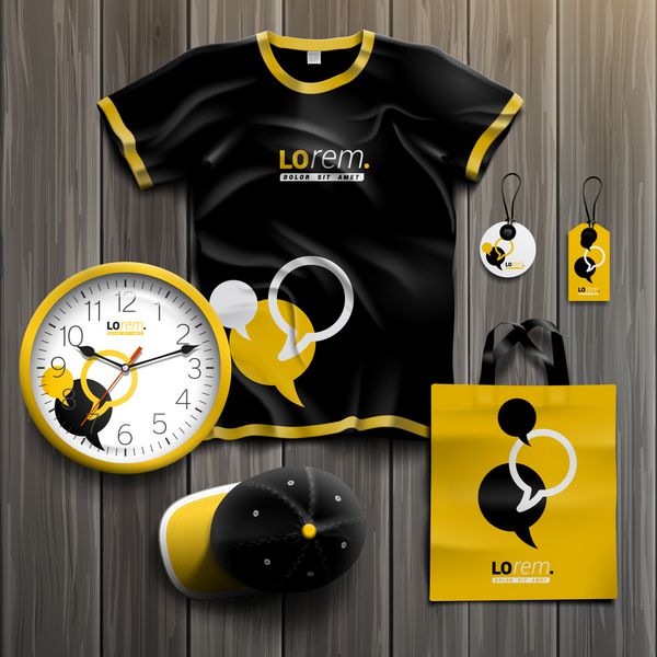 طراحی سوغاتی های تبلیغاتی سیاه و زرد برای هویت سازمانی با ابرهای گفتگو مجموعه لوازم التحریر