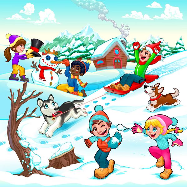 صحنه خنده دار زمستانی با کودکان و سگ ها وکتور کارتونی