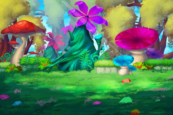 تصویر جنگل رنگارنگ با گل های بزرگ قارچ گل جواهرات روی چمن طراحی پس زمینه صحنه صحنه واقعی کارتونی خارق العاده