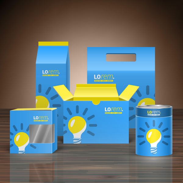 طراحی بسته تبلیغاتی آبی برای هویت سازمانی با لامپ زرد مجموعه لوازم التحریر