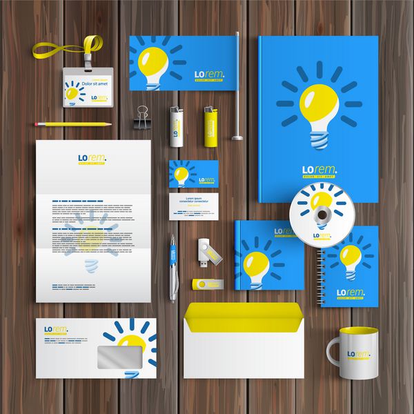 طراحی قالب هویت شرکتی آبی با لامپ زرد لوازم التحریر تجاری
