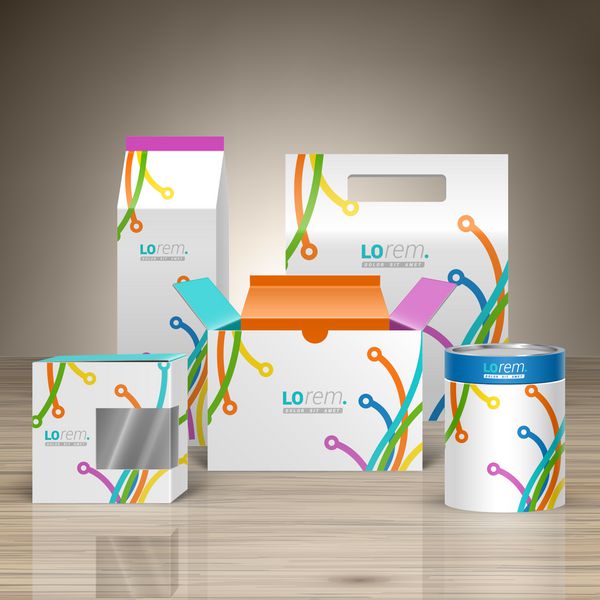 طراحی بسته تبلیغاتی خلاقانه سفید برای هویت سازمانی با خطوط هنری رنگی در جهات مختلف مجموعه لوازم التحریر