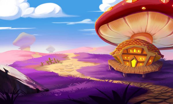 تصویر یک زمین فوق العاده یک قارچ بزرگ و خانه ای که در نزدیکی آن ساخته شده است طراحی پس زمینه صحنه صحنه واقعی کارتونی خارق العاده