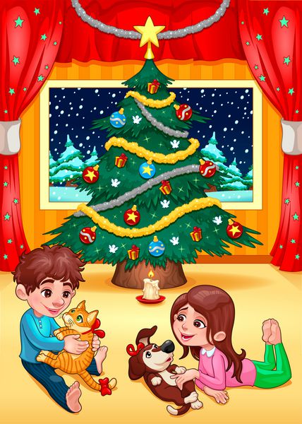 صحنه کریسمس با کودکان و حیوانات خانگی وکتور کارتونی