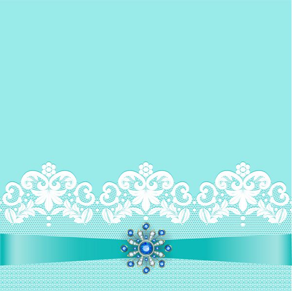 حاشیه سفید با روبان و سنجاق جواهرات یاقوت کبود در زمینه فیروزه ای برای طراحی کارت عروسی
