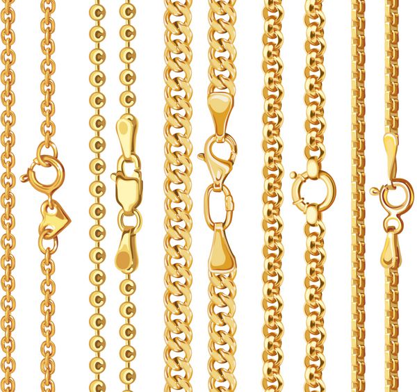 مجموعه ای از زنجیره های طلایی وکتور واقعی با گیره وکتور از پیوندهای طلایی جدا شده در پس زمینه سفید
