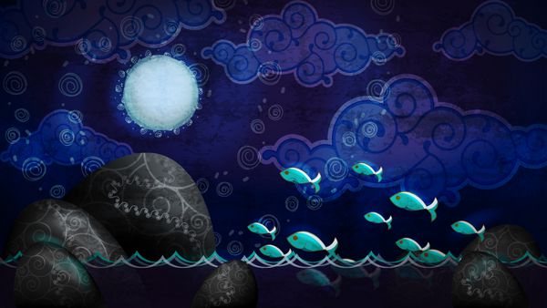 منظره دریایی شبانه به سبک کارتونی با ماه کامل ماهی پرنده و تخته سنگ در آب