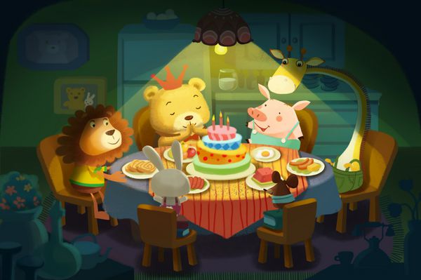 تصویر تولدت مبارک این روز تولد خرس کوچک است همه دوستان حیوانات کوچک او می آیند و تولد او را تبریک می گویند واقع گرایانه کارتونی فوق العاده به سبک کار کاغذ دیواری طراحی پس زمینه